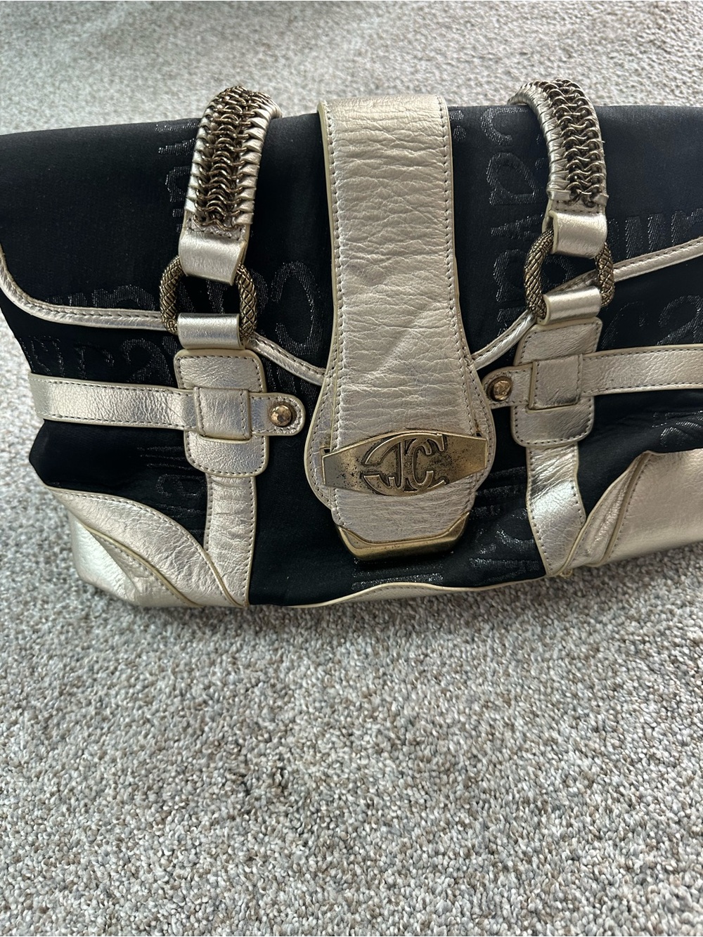 Roberto Cavalli Black and Metallic Gold Shoulder Bag with Chain Handles